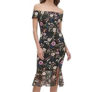 Guess NWT Womens Size 0 Black Floral Off The Shoulder Lace Midi Flared Hem Dress